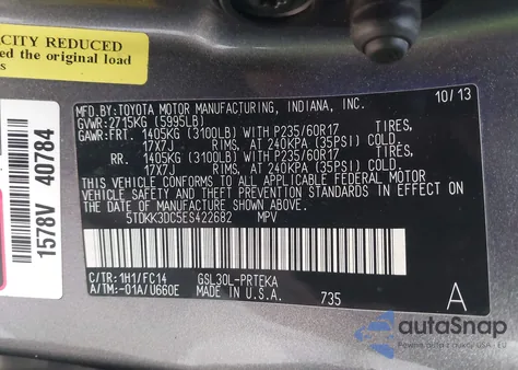 2014 Toyota Sienna Le V6 8 Passenger z USA, uszkodzony, nr VIN 5TDKK3DC5ES422682